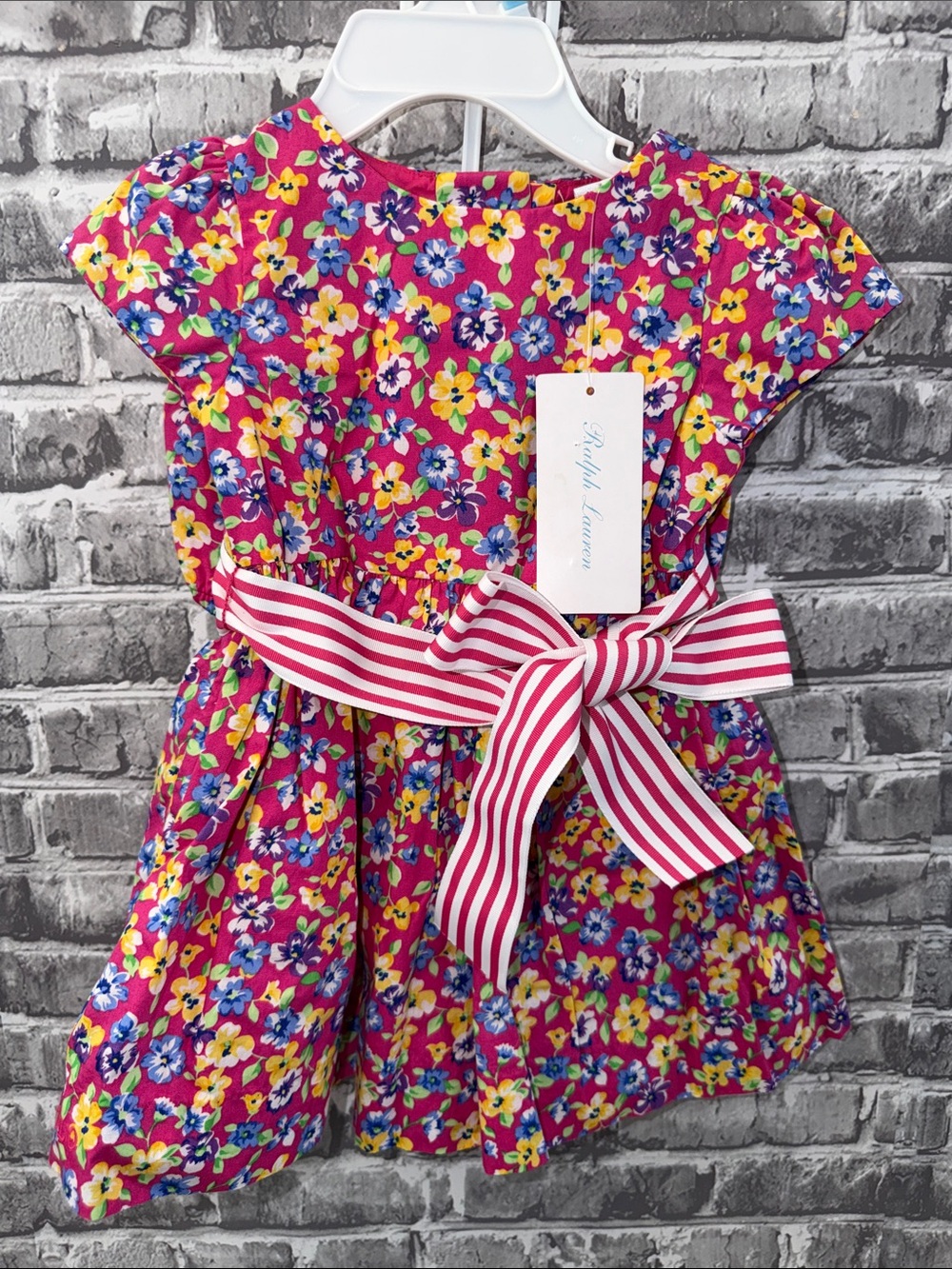 NWT‎ Ralph Lauren Pink Floral Dress with Striped Bow